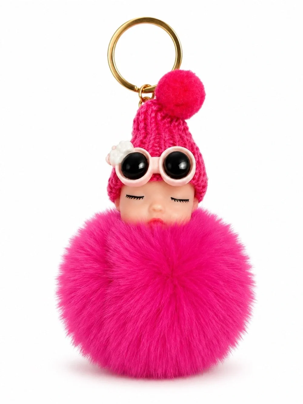 Sleeping Baby Faux Fur Pom Pom Keychain Purse Charm | 9 Colors